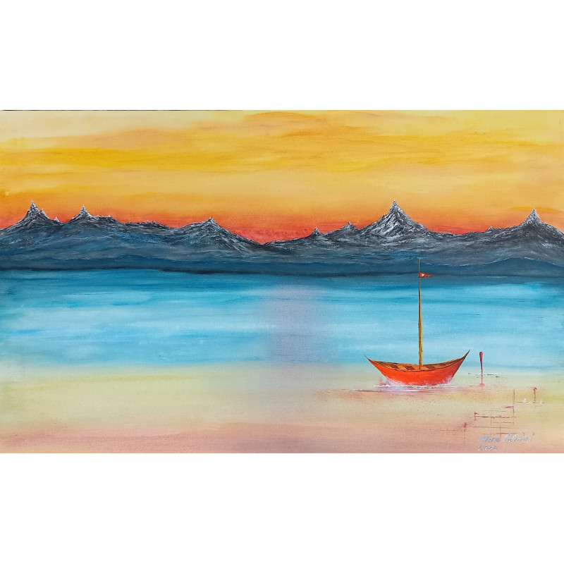 Acryl Kunstgemälde, 64 x 101 cm, Sonnenuntergang auf CH-Boot