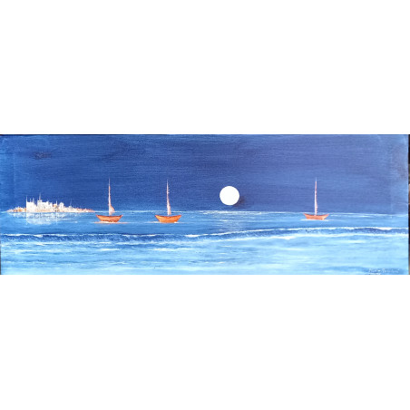 Acryl Kunstgemälde, 35 x 99 cm, Meeresnacht blau