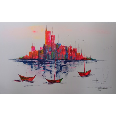 Acryl Kunstgemälde, 62 x 101 cm, red city glowing