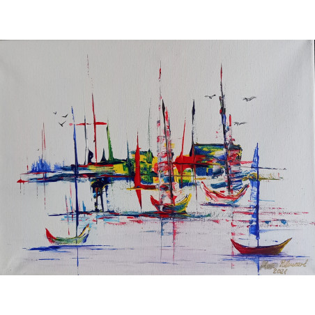 Acryl Kunstgemälde, 30 x 40 cm, boat sea town